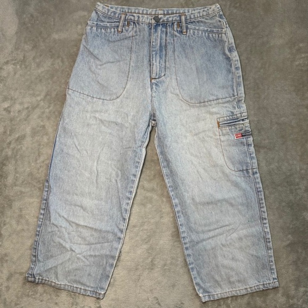 Vtg Unionbay Cargo Capri Jeans Size 14 23W18.5L Light Wash Skater Wide Leg Y2K